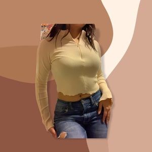 Zip up cropped bell sleeve lettuce trim sweatshirt